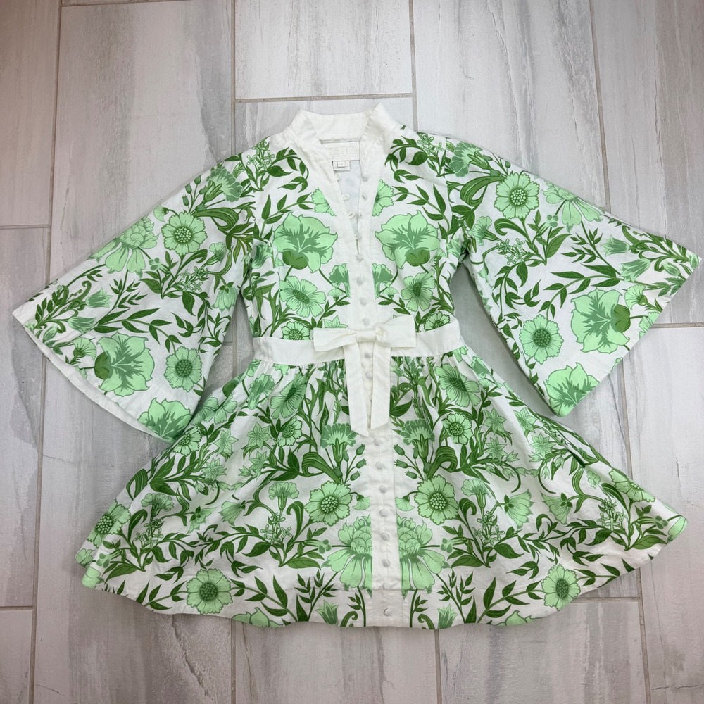 Mestiza New York Carmen Mini Dress Green Floral Linen Cotton Bell Sleeve Size 4